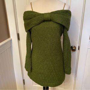 ZARA TOP OFF SHOULDER GOLD CHAIN LONG SLEEVE GREEN BOUCLE BOW LOOK BLOUSE SIZE S
